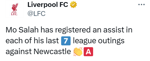 星空体育平台-自带一助?近7次利物浦联赛面对纽卡,萨拉赫每场都能送出1次助攻